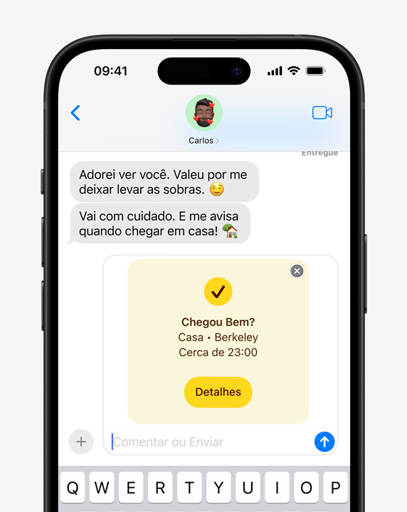 Close da imagem de uma conversa no iMessage com uma notificação do recurso Chegou Bem.