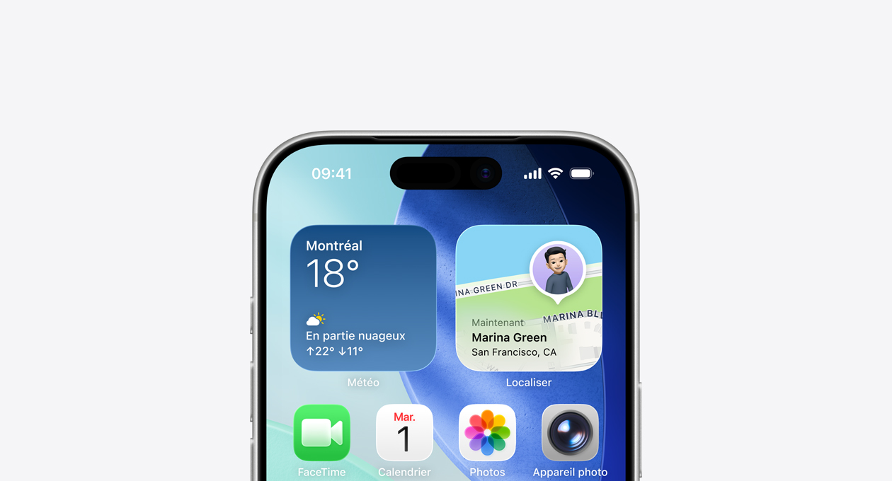 iPhone, partie supérieure montrant l’écran d’accueil avec les widgets Météo et Localiser dans la rangée du haut