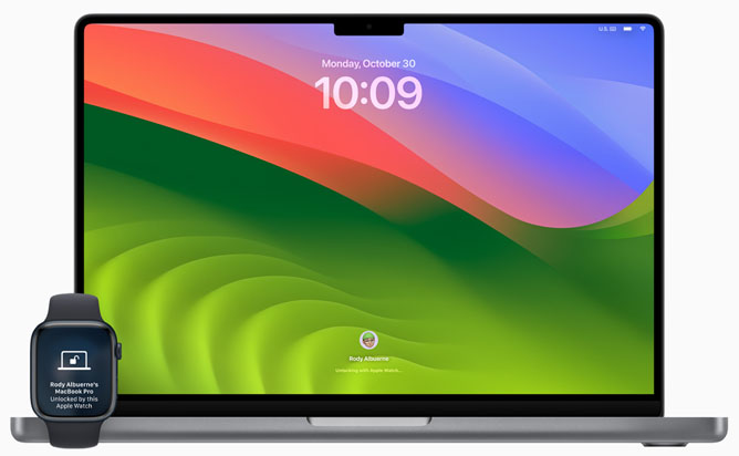 Vista frontal de un MacBook Pro que se está desbloqueando con un Apple Watch.