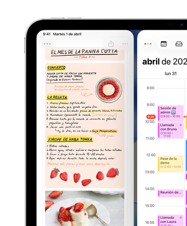 }En la parte superior izquierda de la pantalla de un iPad en posición horizontal se muestran las apps Notas y Calendario, dispuestas una al lado de la otra, como ejemplo de mosaico de ventanas