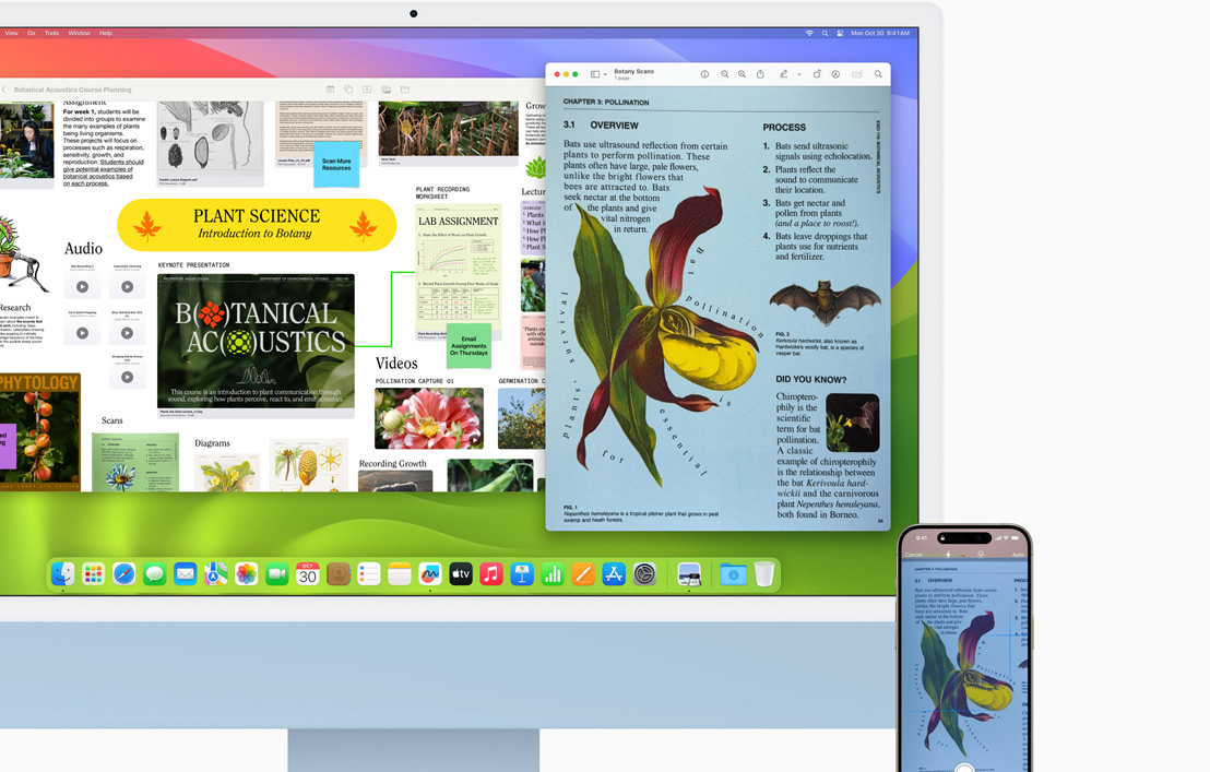 Un documento escaneado con un iPhone 15 aparece a la vez en un iMac y en el iPhone.