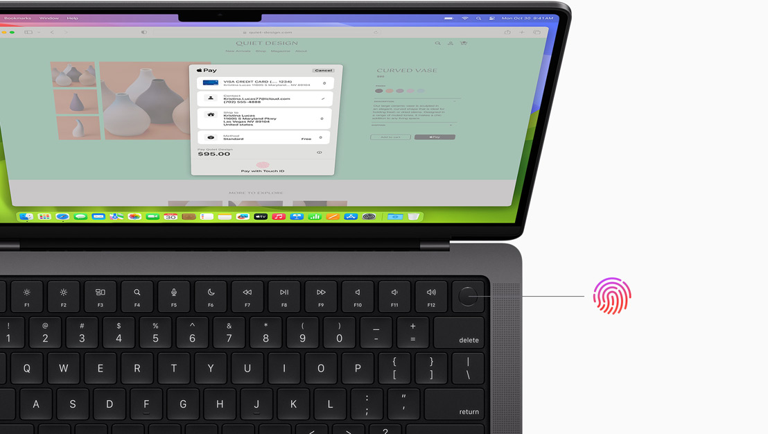 Pantalla de un MacBook Pro que muestra la opción para pagar una compra con Touch ID.