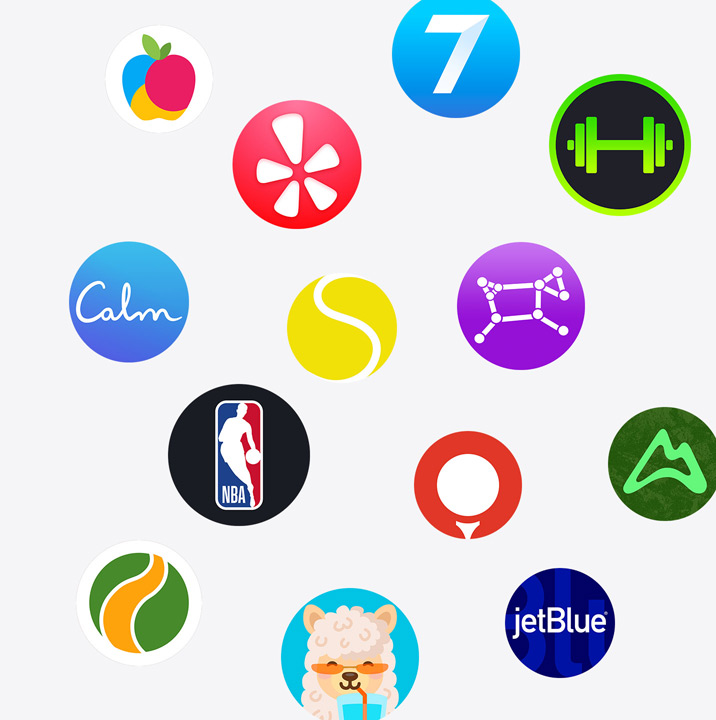 The icons of Apple Watch apps from the App Store. ChargePoint, Yelp, Nike Run Club, SmartGym, Calm, NBA, SwingVision, Oceanic+, WeChat, Waterllama, Golfshot, JetBlue, and AllTrails.