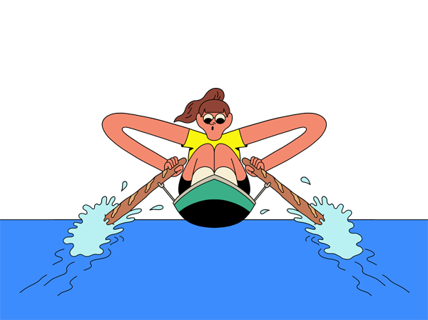 Illustration d’une rameuse en aviron utilisant des baguettes de pain en guise de rames.