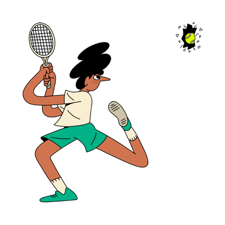 Illustration d’une femme jouant avec de grands gestes au tennis et regardant une balle manquée percer le mur.