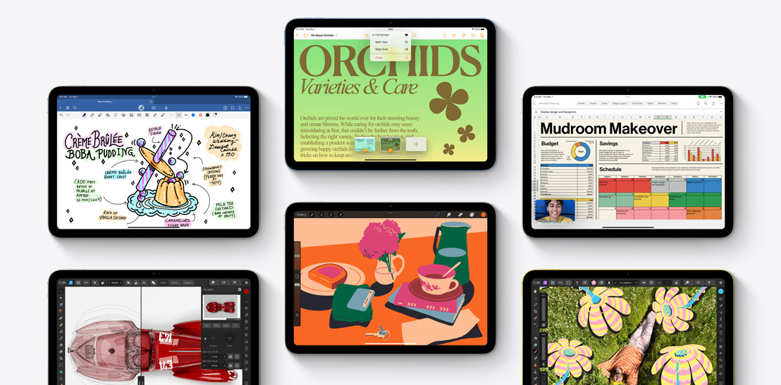 Kumpulan enam iPad yang berbeda, memperlihatkan berbagai aplikasi, termasuk Goodnotes 6, Affinity Designer 2, Microsoft Word, Procreate, Microsoft Excel, dan Affinity Photo 2.