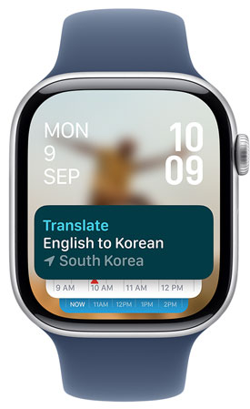 An Apple Watch screen displaying the Translate app widget in the Smart Stack.