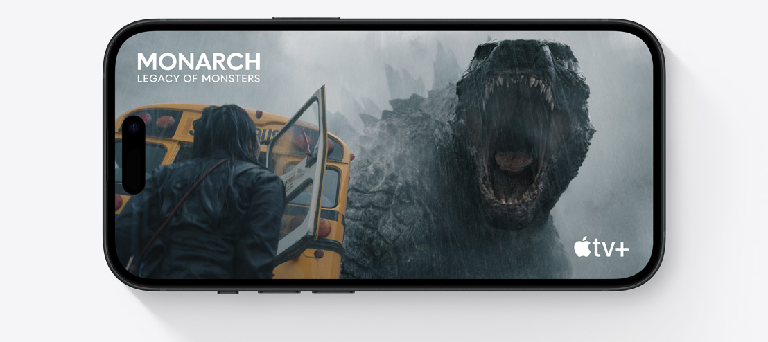 A horizontal iPhone 15 displays a scene from the hit AppleTV+ show, Masters of the Air.