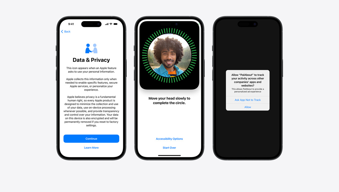 Three iPhone models show different examples of everyday privacy features, including Face ID.