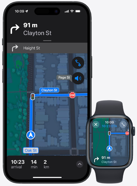 Turn-by-turn directions being shown on both iPhone 15 Pro and Apple Watch Series 9.