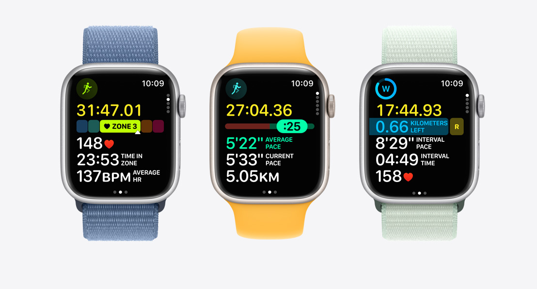 Three Apple Watch Series 9. The first shows Heart Rate Zones in a workout, the second shows Pacer, and the third shows a custom workout with intervals.