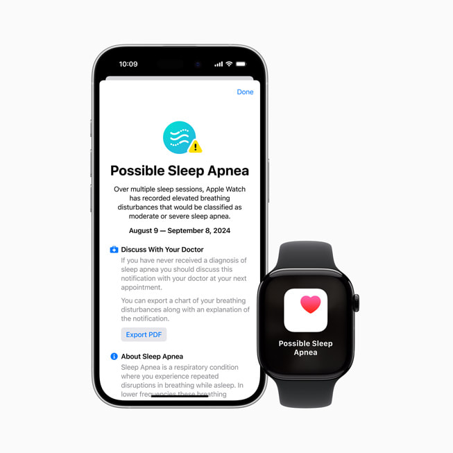 iPhone 16 Pro and Apple Watch Series 10 both read “Possible Sleep Apnea,” and iPhone 16 Pro offers more details.