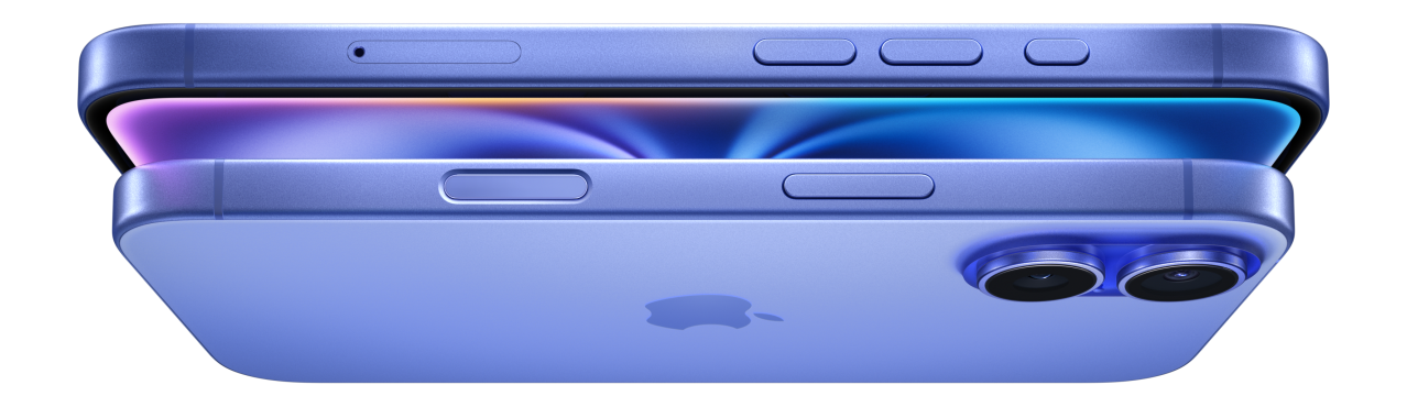 Animation of iPhone 16 models in Pink, Teal and Ultramarine, ending with two iPhone 16 models in Ultramarine, side exterior, side button, raised dual camera system.