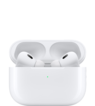 Des AirPods Pro dans leur étui de recharge ouvert.