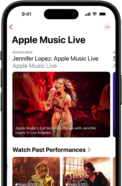 iPhonen Apple Music Live -näyttö, jossa on Katso nyt, aiemmat esitykset ja yksinoikeudella tarjolla olevaa sisältöä, kuten Apple Musicin 100 parasta albumia