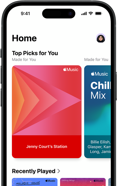 Apple Music Home tab screen on iPhone, Top Picks for You carousel showing Jenny Court's personalized stations and playlists