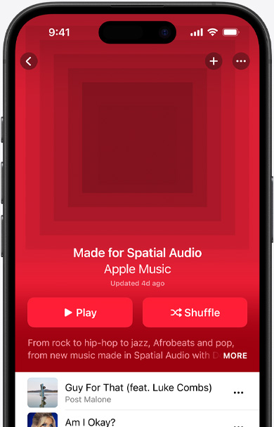 iPhone screen with Made for Spatial Audio playlist cover art in the Apple Music app