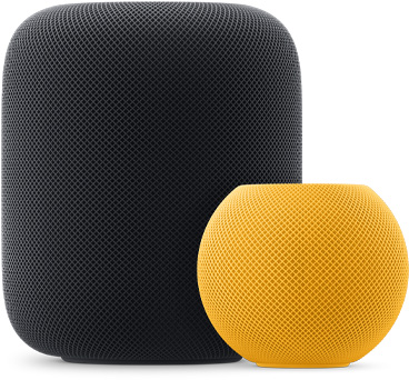 Forrest ses en gul HomePod mini, og til højre for den en HomePod i farven midnat.