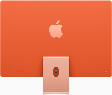 Bagian belakang iMac dengan logo Apple di tengah di atas dudukan, dalam warna oranye