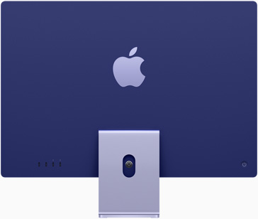 Bagian belakang iMac dengan logo Apple di tengah di atas dudukan, dalam warna ungu