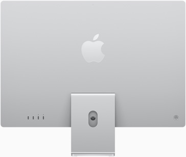 Bagian belakang iMac dengan logo Apple di tengah di atas dudukan, dalam warna perak