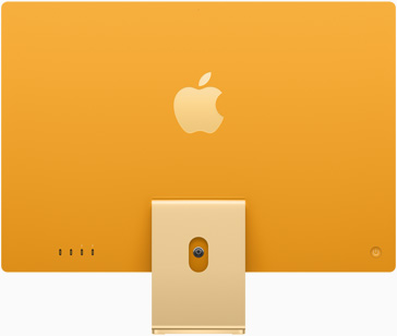 Bagian belakang iMac dengan logo Apple di tengah di atas dudukan, dalam warna kuning