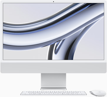 iMac, layar menghadap ke depan, dalam warna perak