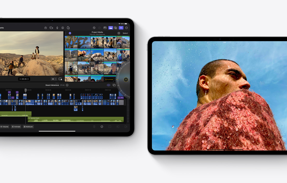 Pohľad na dva iPady s otvorenými apkami Final Cut Pro 2.0 a Fotky