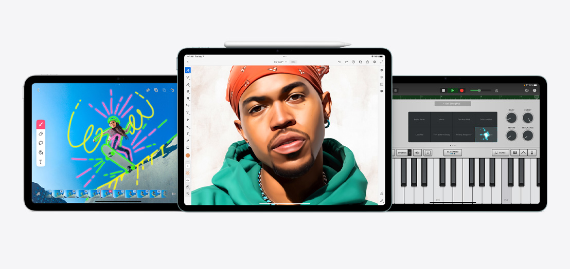 Divi iPad un iPad Air, kuros atvērtas FlipaClip, Adobe Fresco un GarageBand aplikācijas.