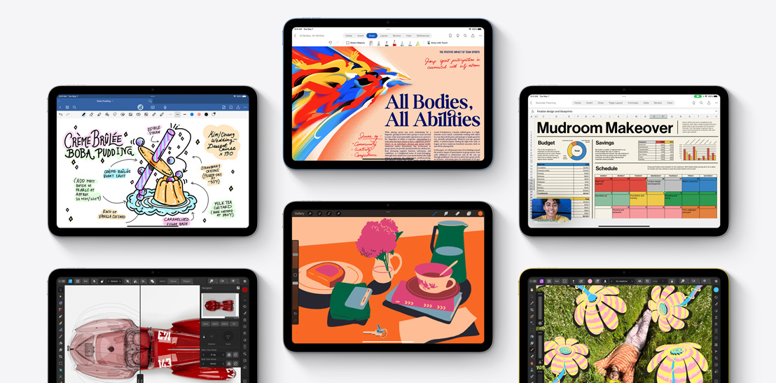 Sešu dažādu iPad kolekcija, kurā atvērtas dažādas aplikācijas, tostarp Goodnotes 6, Affinity Designer 2, Microsoft Word, Procreate, Microsoft Excel un Affinity Photo 2.