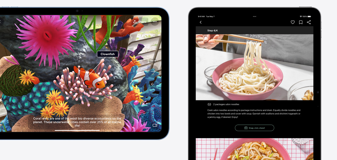 iPad un iPad Air, kuros ir atvērtas Jigspace un Kitchen Stories aplikācijas.