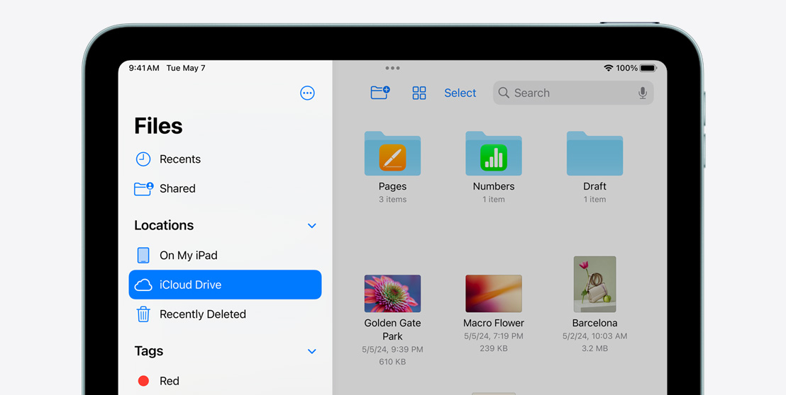 iPad Air ar atvērtu Files aplikāciju
