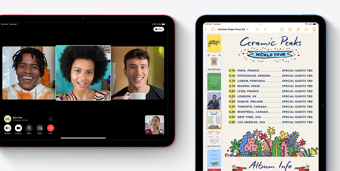 Divi iPad: vienā ir parādīts FaceTime videozvans, bet otrā – Pages aplikācija.