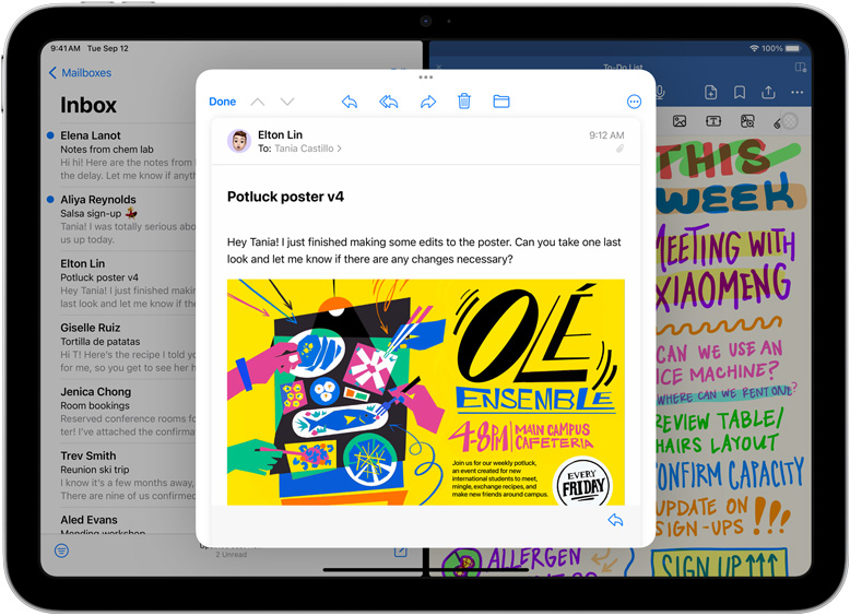 iPad redzamas blakus atvērtas Mail un GoodNotes aplikācijas. Atsevišķā logā ir atvērts e-pasta ziņojums