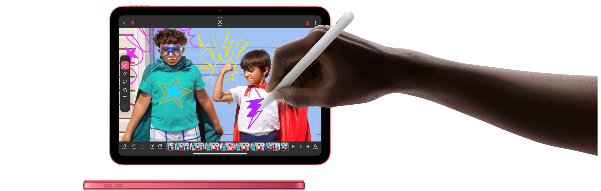 A user holds Apple Pencil and draws in Photo Mark Up.