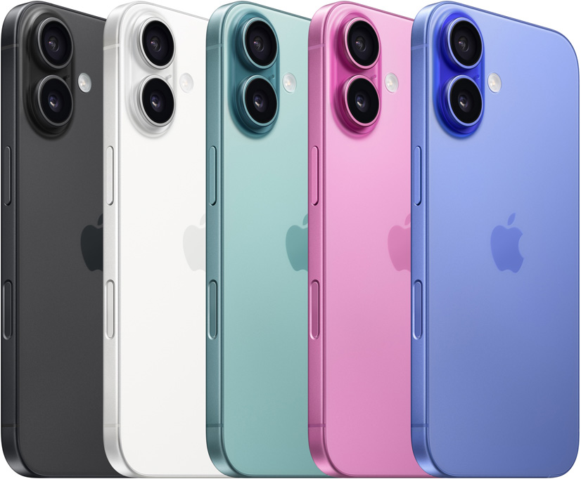 Back view of iPhone 16, all five finishes, Black, White, Teal, Pink, and Ultramarine