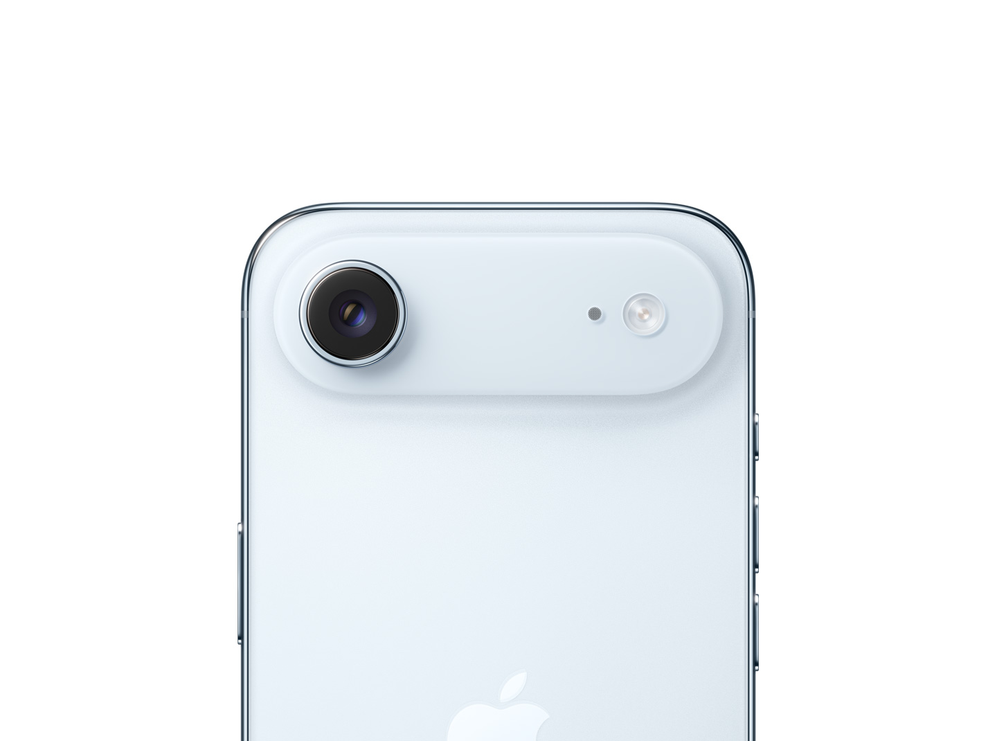 天藍色 iPhone Air 機身背面，展示上方擴展平台處的融合主相機系統