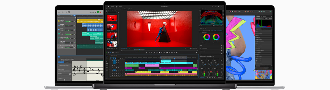 มุมมองด้านหน้าของ MacBook Air ที่แสดงโปรเจ็กต์ Logic Pro มุมมองด้านหน้าของ MacBook Pro ที่แสดงโปรเจ็กต์ Final Cut Pro มุมมองด้านหน้าของ MacBook Air ที่แสดงโปรเจ็กต์ iMovie