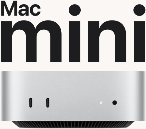 Gümüş rengi Mac mini’nin önden görünümü. Ön bağlantı noktaları ve gösterge ışığı görülüyor.