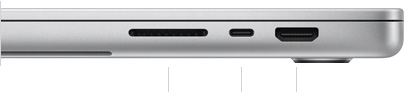 MacBook Pro 16-inch, closed, right side, showing SDXC card slot, one Thunderbolt 5 port, and HDMI port