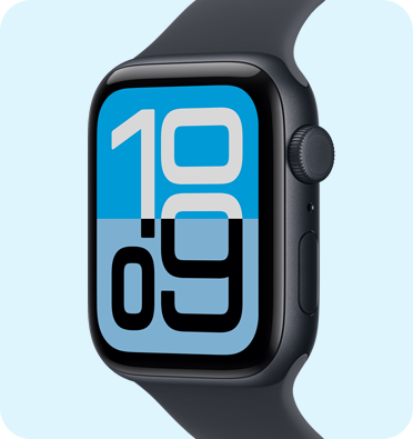 Apple Watch SE 3, caja de aluminio, color medianoche, carátula Flujo, parte lateral derecha, Digital Crown, micrófono, botón lateral, correa deportiva, color medianoche