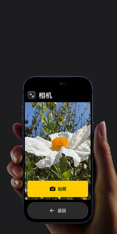 iPhone 17 Pro 屏幕显示精简的相机 app 界面,包括取景画面中的白色花朵、“拍照”按钮及其下方的“返回”按钮。