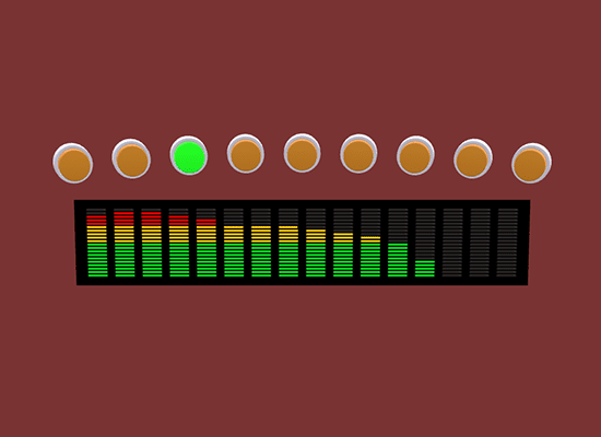 A series of orange buttons, with one selected in green above a digital audio levels display showing green stacked lights in several columns, with the tallest of them transitioning to yellow and red lights.