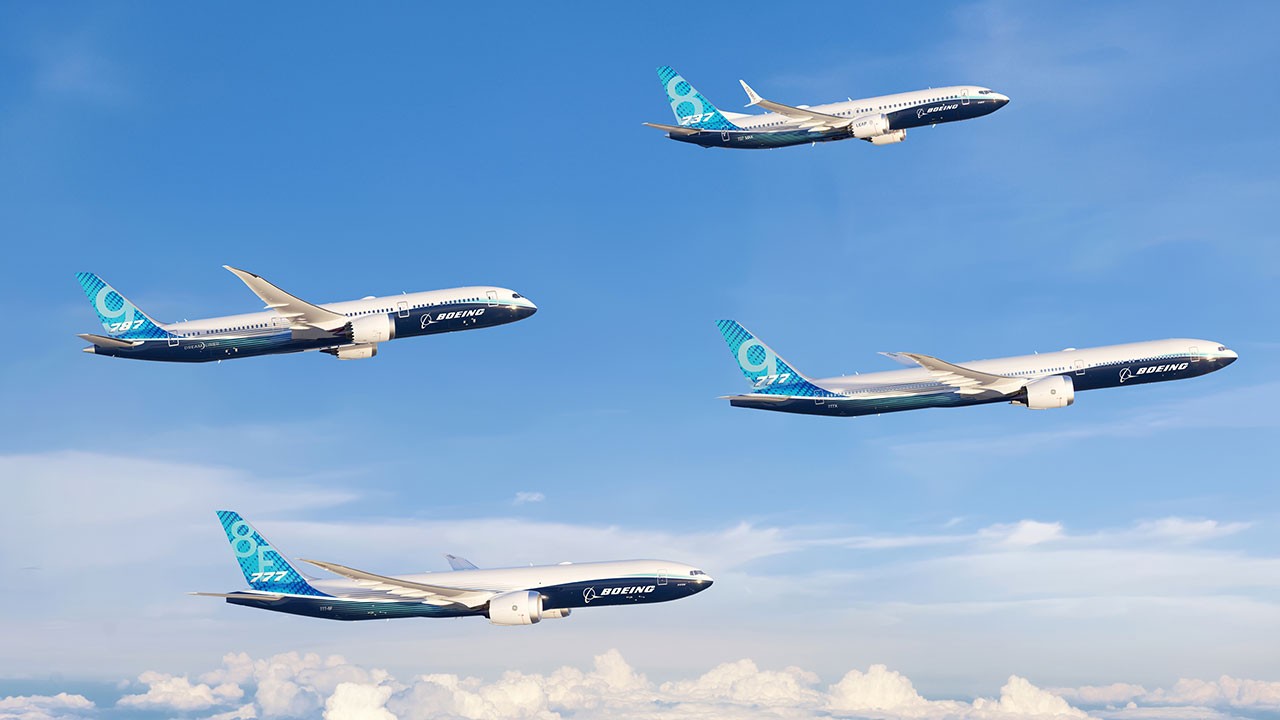 Boeing family of airplanes in flight