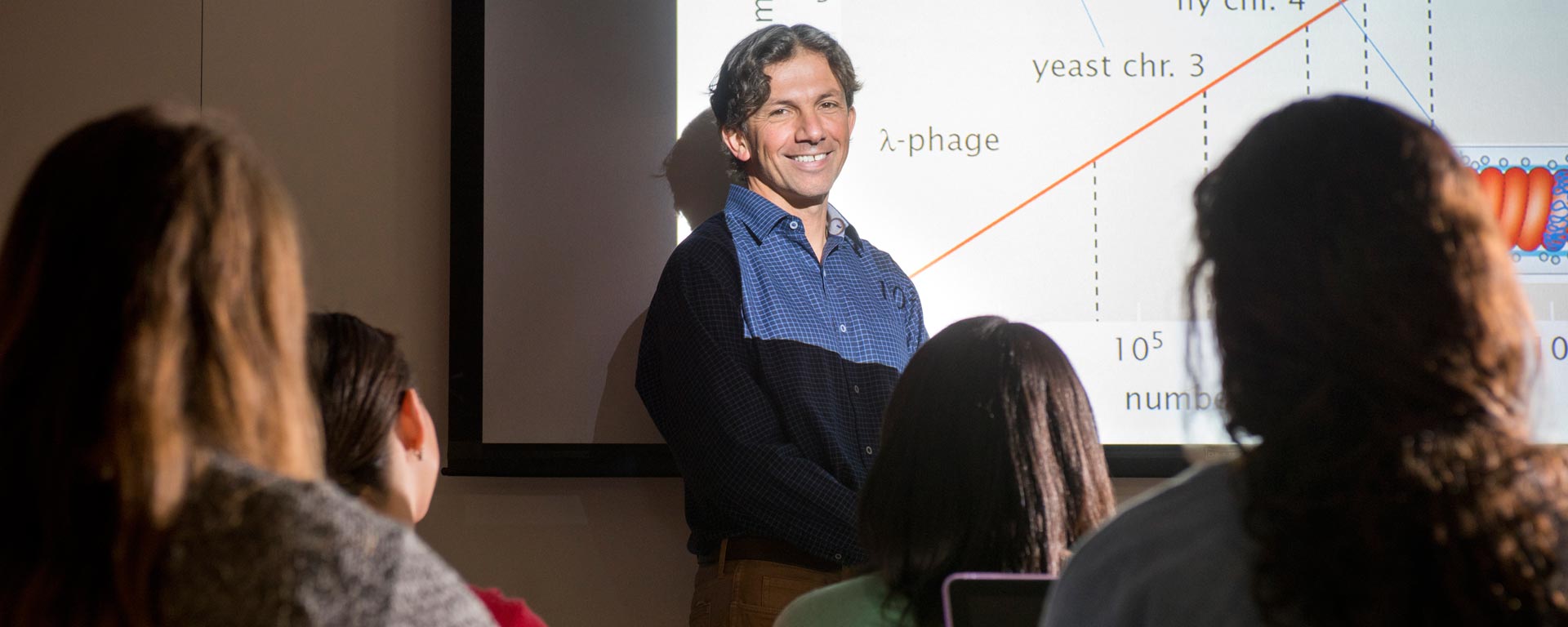 Jané Kondev standing in front of a projection screen teaching