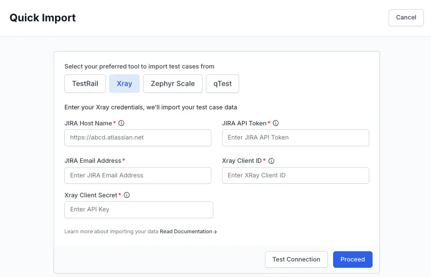 Enter the required fields to perform Xray data import