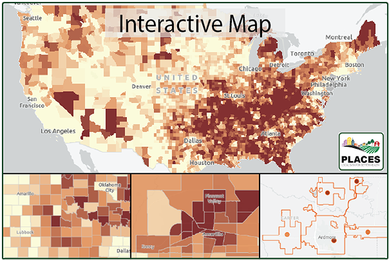 Graphic representation of the PLACES interactive map and filtering options.