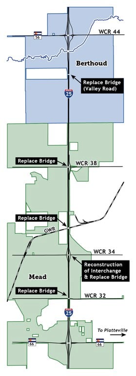 Project map depicting the Segment 5 construction area. Text overlay reads, "Replace bridge (valley road), replace bridge, replace bridge, Reconstruction of interchange and replace bridge."