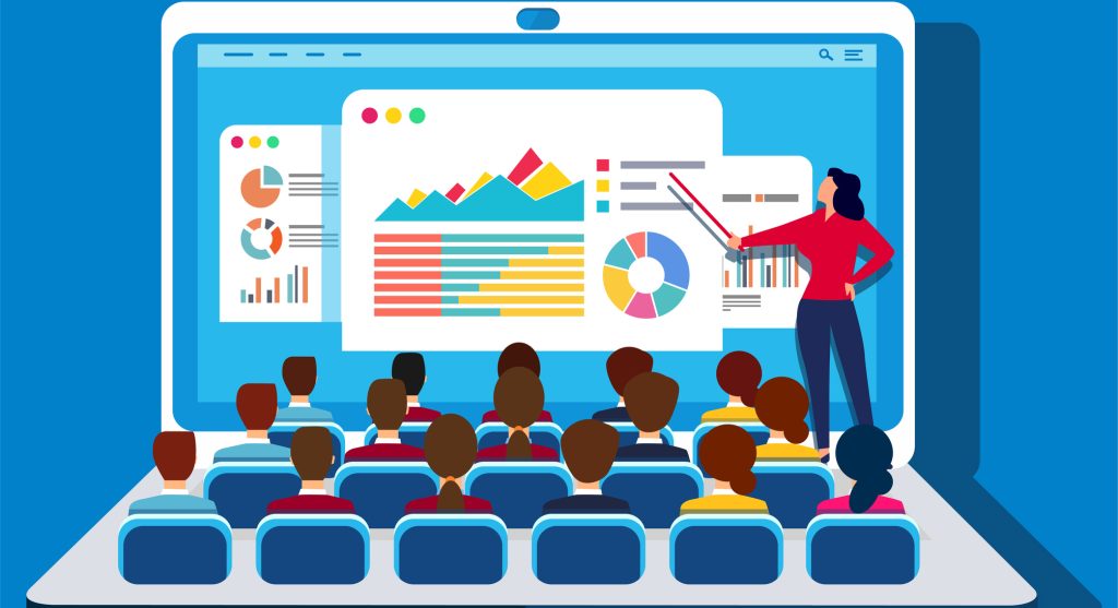 women explaining charts to a group of people