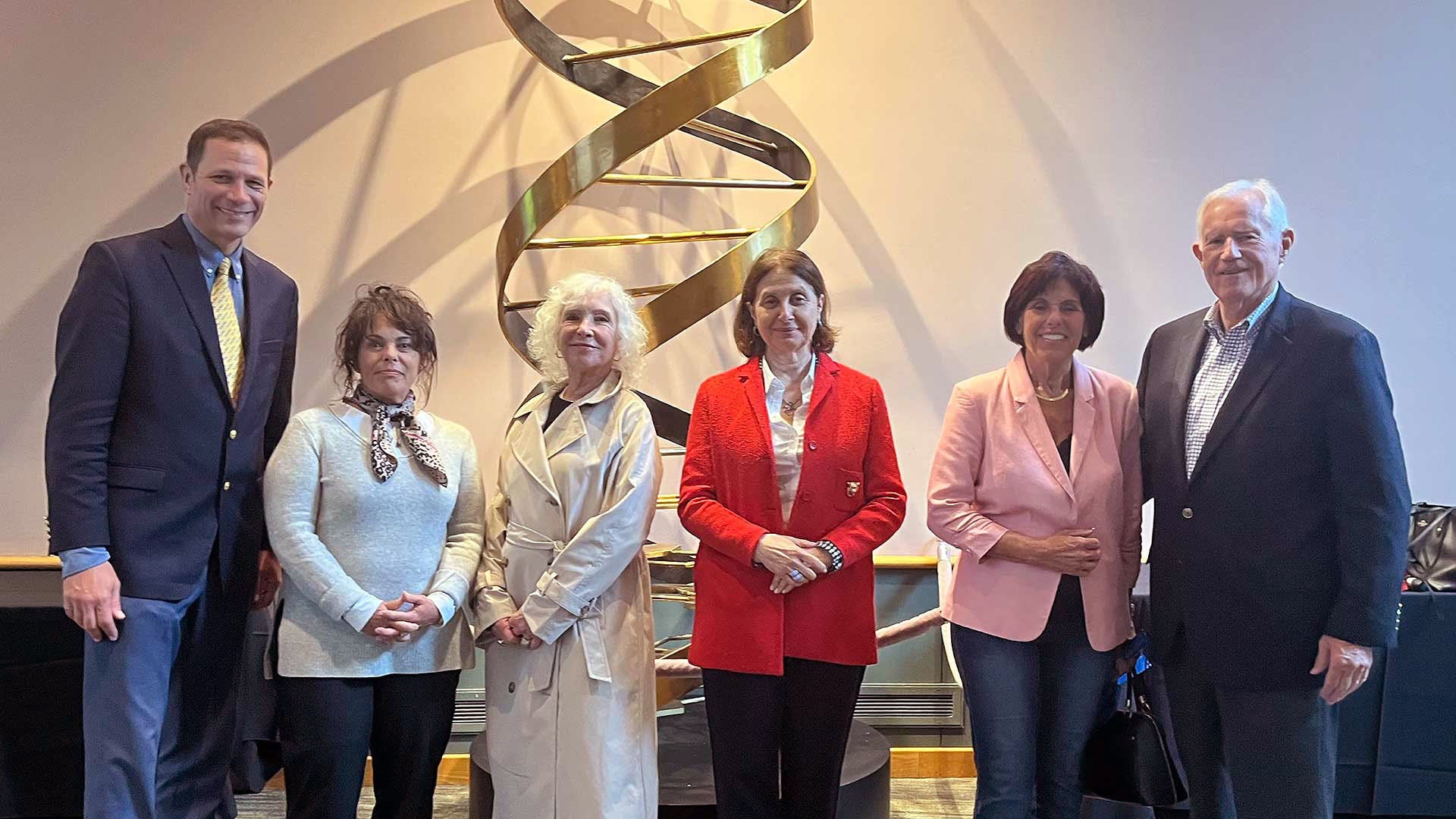 photo of CSHL Senior Vice President for Advancement Charles Prizzi, Gardiner Foundation Board Chairwoman Jennifer Attonito, Gardiner Foundation Executive Director Kathryn M. Curran, CSHL Library & Archives Executive Director Ludmila Pollack, and Gardiner Foundation Trustees Lynne. C. Nowick and Robert Watkins